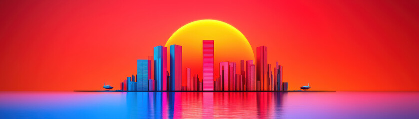 Fototapeta premium vibrant city skyline at sunset with colorful reflections on water