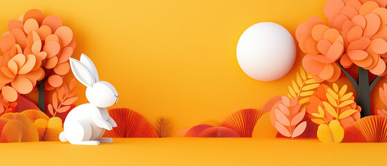 paper art style rabbit in vibrant autumn landscape with colorful trees