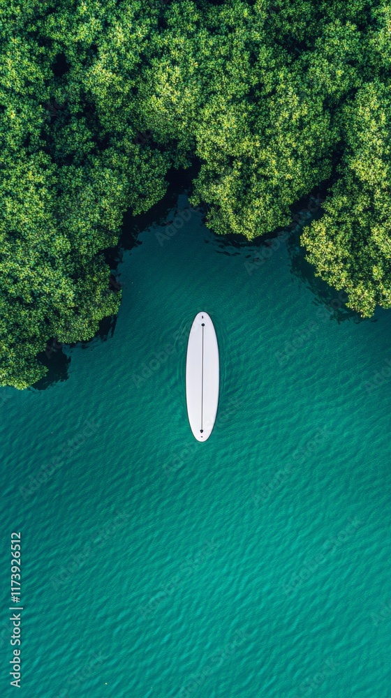 Poster aerial view of a white surfboard floating on calm turquoise water near lush green mangroves, creatin