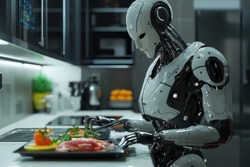Robot preparing food in a futuristic kitchen with advanced culinary technology