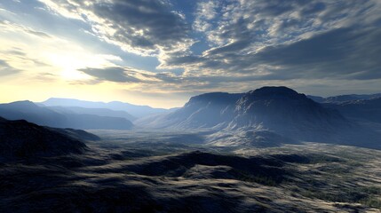 Obraz premium A dramatic view of a mountain range at dusk, with fading sunlight creating long shadows and a dramatic atmosphere HD, realistic