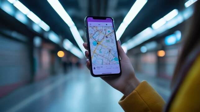 Woman using navigation app on smartphone in subway.