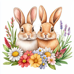 Obraz premium Cute rabbits surrounded by colorful flowers in vibrant