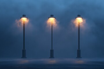 Fototapeta premium Soft light glows from street lamps in a foggy urban setting at dusk