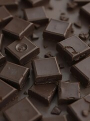 Rich dark chocolate blocks & pieces, glossy surface, shadow detail, ingredient, artisanal
