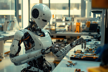 Fototapeta premium Futuristic robot assembling intricate machinery in a sleek, illuminated factory setting