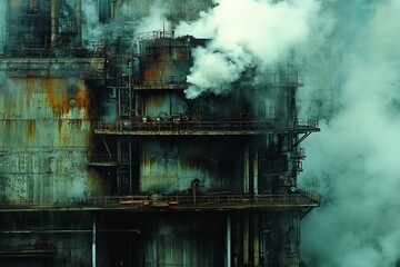 Industrial facility releasing steam and smoke amid a cloudy atmosphere in an urban landscape