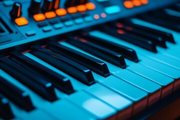 Keyboard keys illuminated, blue and orange hues.