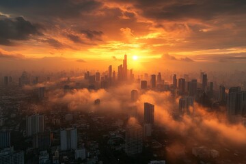 Fototapeta premium Stunning sunset over a bustling city skyline with clouds and silhouettes of skyscrapers