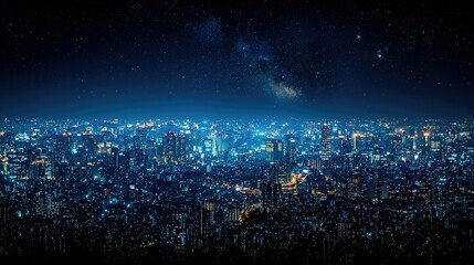 Obraz premium Night cityscape with bright lights under starry sky and Milky Way.
