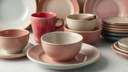 Vibrant, mismatched dinnerware set, close-up, party, summer