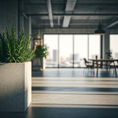 A softly blurred background showcasing an empty, modern office space with clean lines, sleek furnishings, and a professional, contemporary design aesthetic
