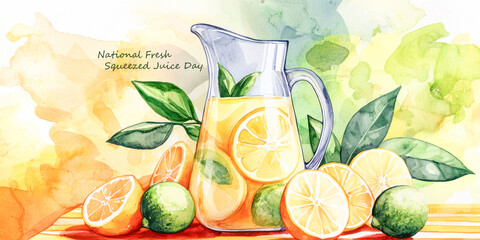 National Fresh Squeezed Juice Day watercolor illustration featuring a glass pitcher of citrus juice with lemons, limes, and orange slices surrounded by fresh green leaves on a sunny background.