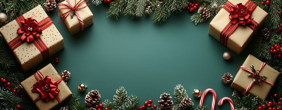 Christmas presents and decorations adorned with pine branches against a green background, evoking a festive holiday spirit
