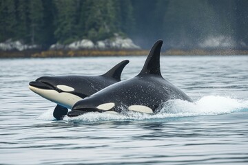 Fototapeta premium Two black and white whales swim, splashing water.
