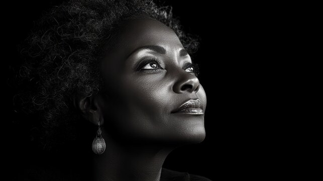 A captivating black and white portrait of a woman gazing upward with a serene expression, emphasizing the intricate details in her hair and facial features.