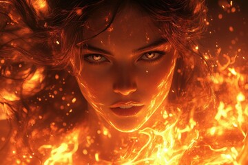 Fototapeta premium Powerful Sorceress Casting Fire Spell in Dynamic Anime Scene