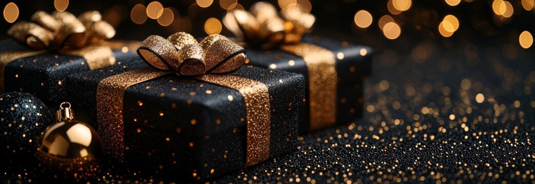 A dark background features two black gift boxes adorned with golden bows, blurred in the bokeh style. This banner is perfect for Christmas gift promotions, Black Friday sales, and other big