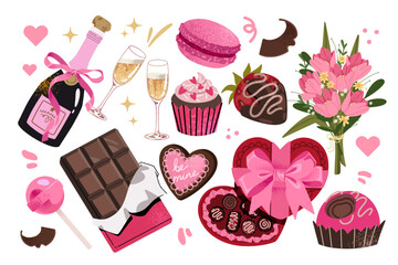 Cute Valentine’s day sweets set. Chocolate, cupcakes, candies, macaroons, champagne, flowers. Vector collection for planner, love letter, wedding, decoration, greeting card.