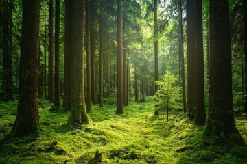 Sunlit green forest, moss-covered ground, tall trees.