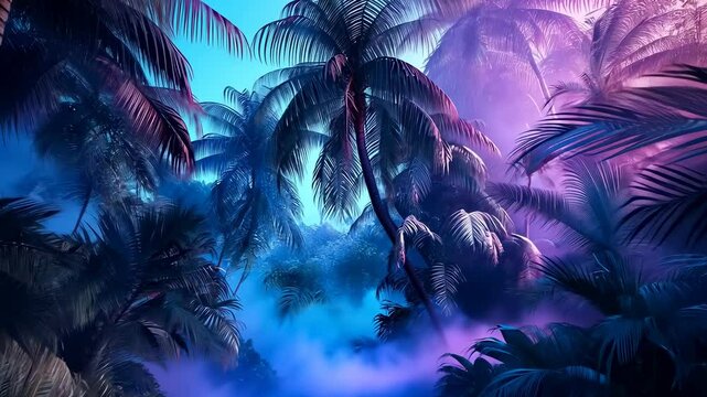A captivating scene featuring a lush jungle filled with vibrant palm trees illuminated by ethereal mist. The surreal colors create a dreamlike atmosphere, invoking themes of adventure and nature.