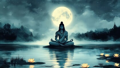 Watercolor Illustration of Lord Shiva with Trident and Lingam at Night for Maha Shivratri