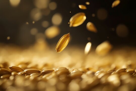 Golden grains falling onto a pile.