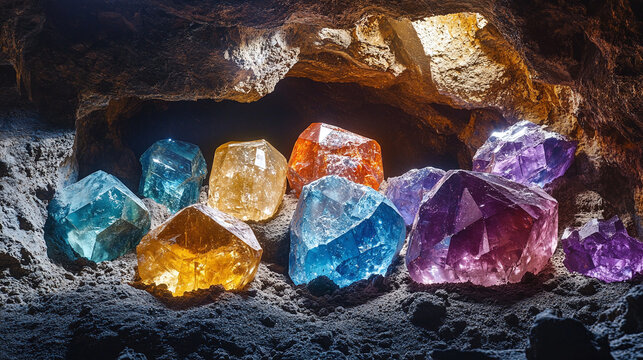 Shiny, colorful diamonds in underground tunnel. gemstone rock treasure, industrial gold mine business, geology cave mineral gold mining, rich.