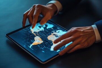 Interactive display of world map on tablet in modern office setting at night