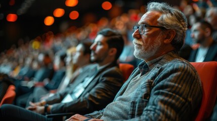 Obraz premium The focus of this captivating image is an elderly man attentively listening in a crowded, dimly-lit auditorium, capturing a moment of deep engagement and curiosity in a conference setting