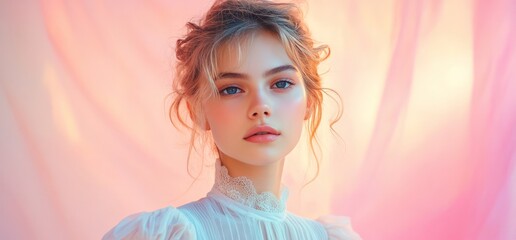 Fototapeta premium Young woman with blonde hair and delicate features, wearing a white blouse against a soft pink background.