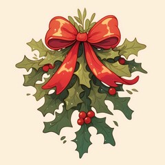 Cartoon simple mistletoe decorative ornament, festive holiday design, Christmas decoration, green leaves and berries, fun and playful, traditional holiday symbol 