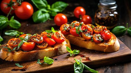 Grilled bruschetta topped with cherry tomatoes and basil leaves on a wooden board, garnished with a drizzle of balsamic, perfect for a summer appetizer or snack