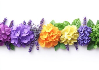Obraz premium Vibrant Floral Arrangement Featuring Purple Lavender, Orange and Yellow Flowers with Green Leaves on White Background for Home Decor and Botanical Inspiration