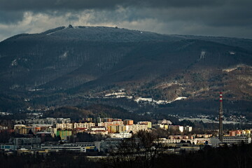 Radhost mountain and surrounding hills near to Roznov pod Radhostem, lovely small town in Czech republic. Winter forest landscape.