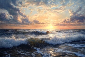 A serene seascape at sunset with waves crashing against the shore.