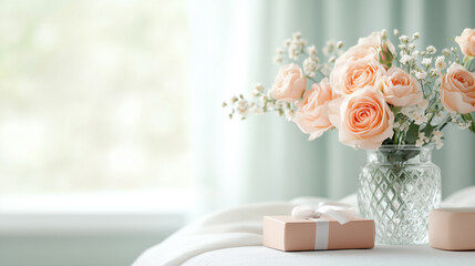 A delicate arrangement of soft peach roses in a crystal vase sits beside elegantly wrapped gift boxes on a white fabric surface, creating a serene and romantic Valentine’s Day ambiance 