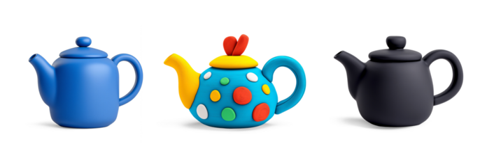 Colorful Plasticine Teapot set on a white and transparent background.