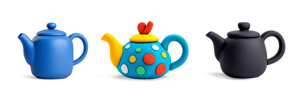 Colorful Plasticine Teapot set on a white and transparent background.