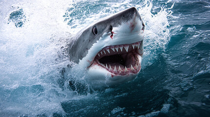 Obraz premium Great white shark full body isolated on white background. ocean sea underwater wildlife predator animal, dangerous marine aquatic big large creature, aggressive monster.