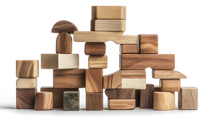 Jenga tower isolated on white background. pile or stack of wooden block brick puzzles, architecture construction for game or toy for kid child development, entertainment skill, learn, cube.