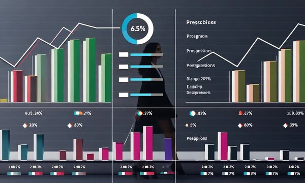 Businesswoman Walking Through Data Visualization: Progress, Growth, and Success in Business Analytics