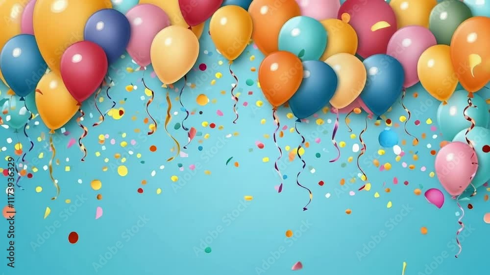 Poster colorful balloons floating with confetti and streamers falling against a light blue background creat