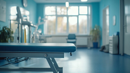 Nobody in empty physical therapy room interior with table. medical health care clinic rehabilitation center, hospital physiotherapy treatment, patient exercise and support in recovery,office equipment