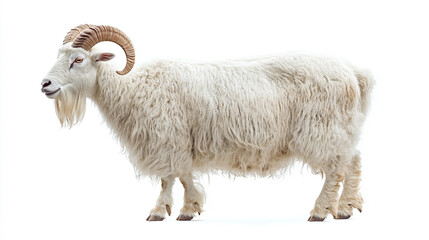 Obraz premium Side view of white full body length goat animal with horns isolated on white background. domestic farm livestock mammal standing, countryside herbivore.