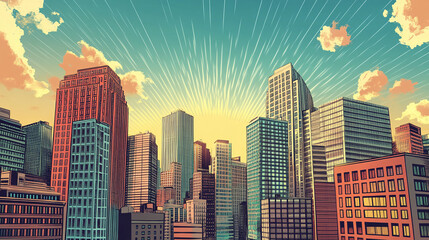 Retro vintage comic book illustration with cityscape buildings. downtown skyline scene architecture, pop art banner, tower, construction, strip effect poster card.