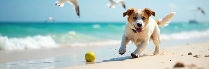 Canine playfully chasing after a ball in the sand at a beach with clear blue ocean waters and seagulls flying overhead, water sports, outdoor, ball