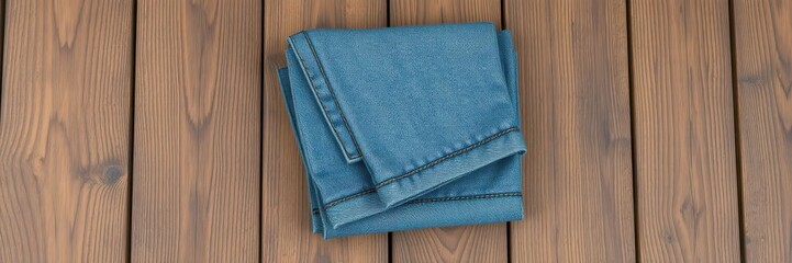 Classic blue jeans folded on rustic wood grain, product photography,fabric texture,rustic background