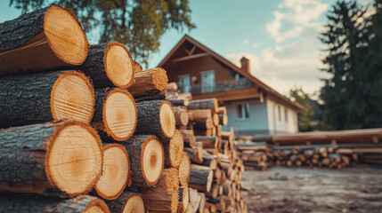 Stack pile heap of many of cut woods in front of house home building. brown log trunk forest timber firewood, natural material industry, outdoor tree slice, fuel energy storage, ecology, environment.
