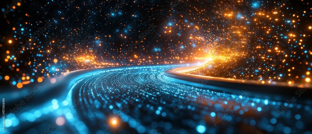 Leinwandbilder Futuristic Digital Pipeline of Glowing Blue Binary Code in Cyberpunk Landscape